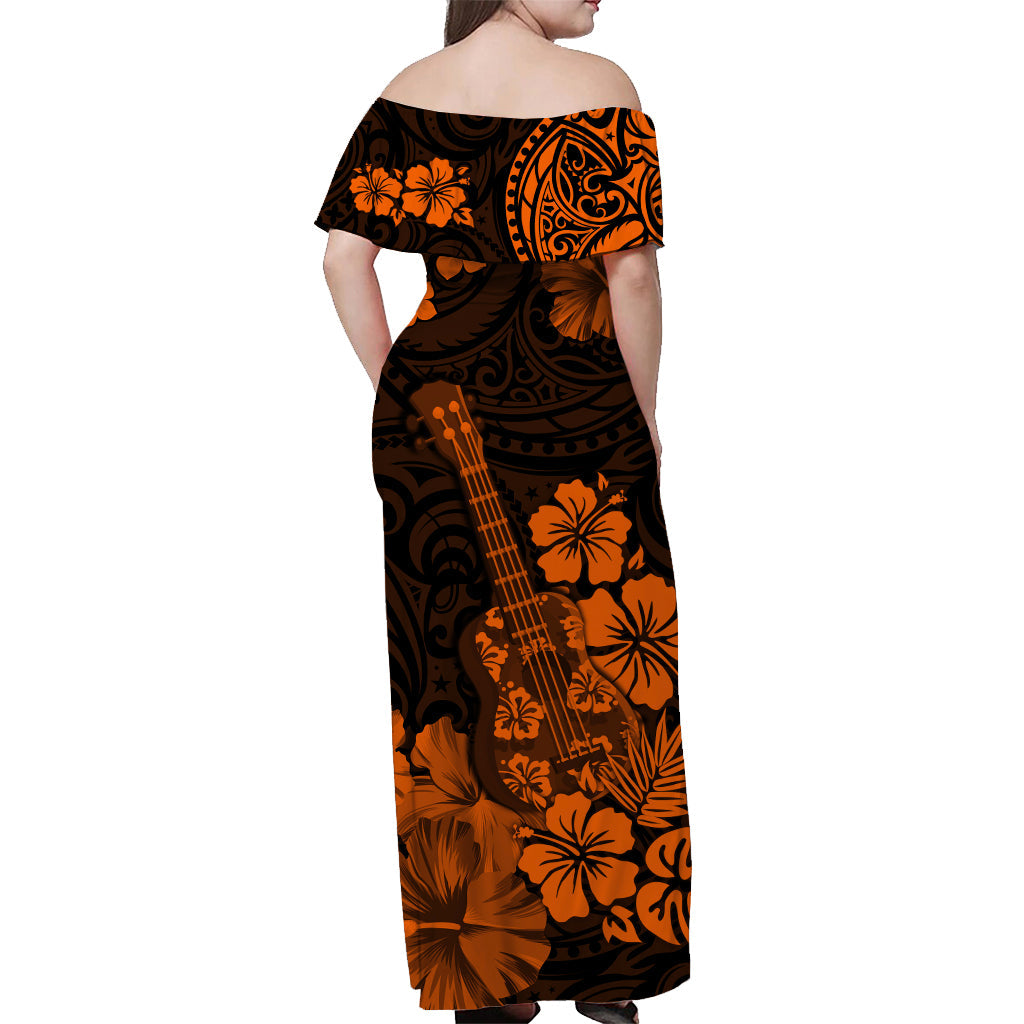 Hawaii Off Shoulder Long Dress Polynesia Orange Ukulele Flowers LT13 - Polynesian Pride