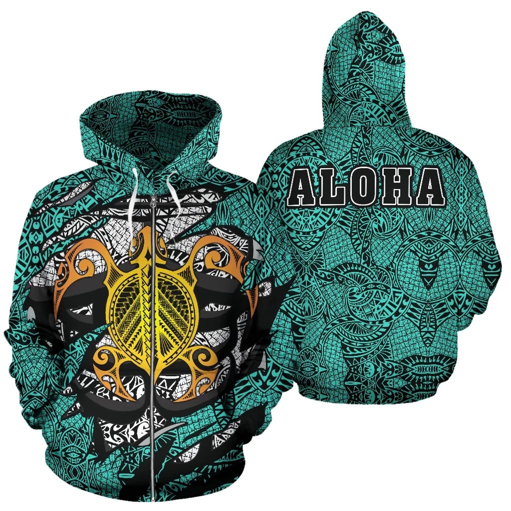 Honu Polynesian Turquoise Hawaii Turtle Hoodie (Zip) Unisex Turquoise - Polynesian Pride