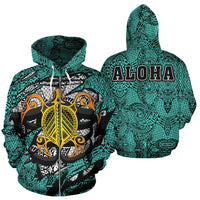 Honu Polynesian Turquoise Hawaii Turtle Hoodie (Zip) Unisex Turquoise - Polynesian Pride