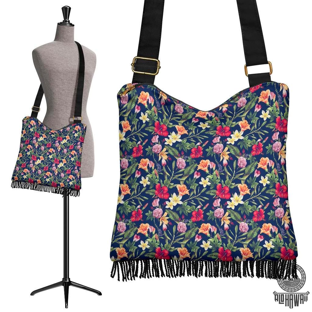 Hawaii Tropical Hibiscus Red And Plumeria White Crossbody Boho Handbag Crossbody Boho Handbag One Size Green - Polynesian Pride