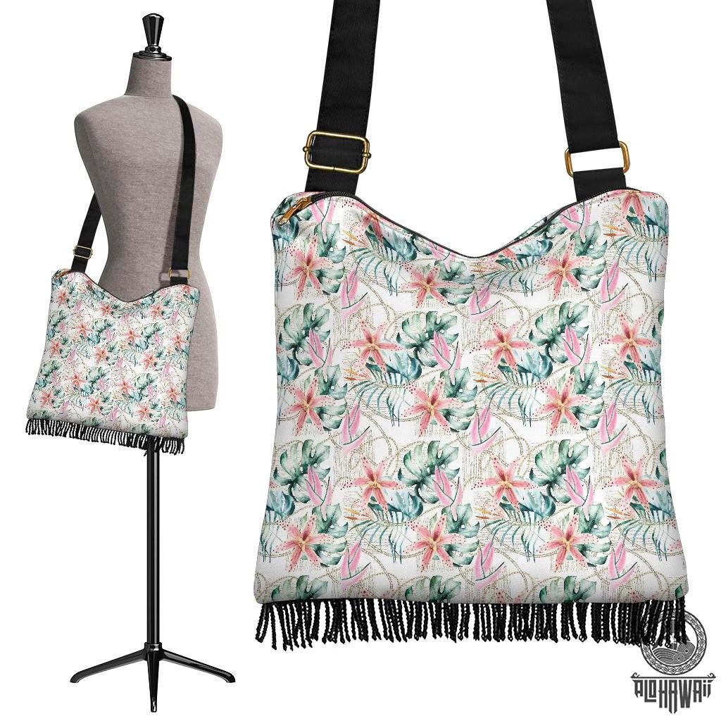 Hawaii Tropical Pattern With Orchids, Leaves And Gold Chains. Crossbody Boho Handbag Crossbody Boho Handbag One Size Green - Polynesian Pride
