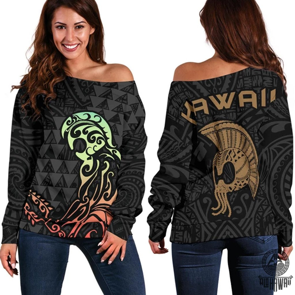 Warrior Helmet Women's Off Shoulder Sweater Women's Off Shoulder Sweater Black - Polynesian Pride