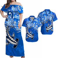 Custom Hawaii Matching Hawaiian Outfit For Couple Polynesia Blue Sea Turtle Honu and Hammerhead Shark LT13 Blue - Polynesian Pride