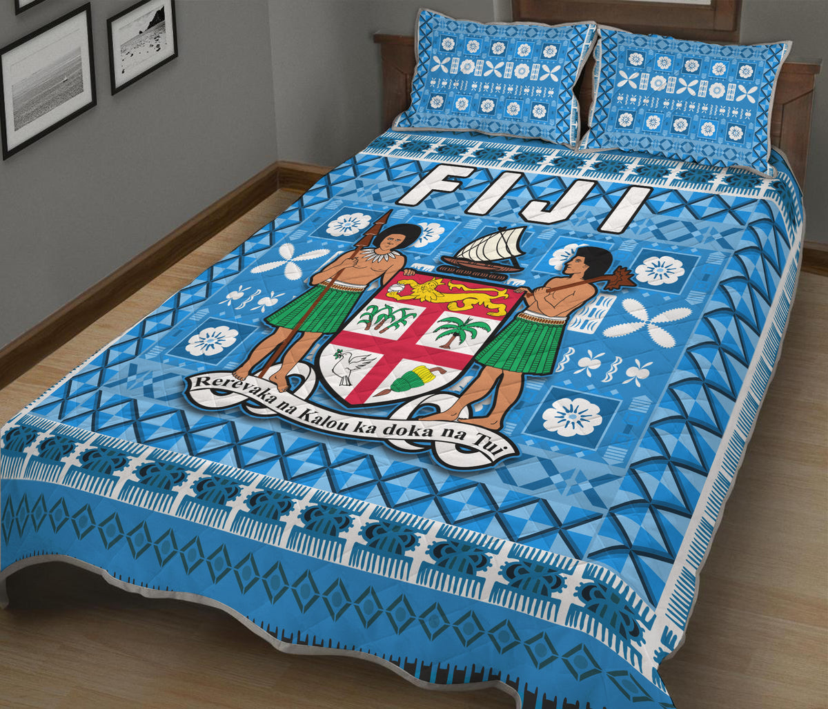 Fiji Quilt Bed Set Pattern - Fijian Tapa Pattern Blue LT13 Blue - Polynesian Pride