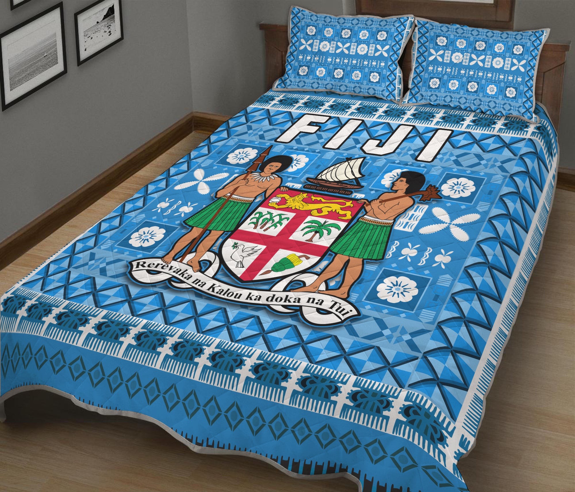 Fiji Quilt Bed Set Pattern - Fijian Tapa Pattern Blue LT13 Blue - Polynesian Pride