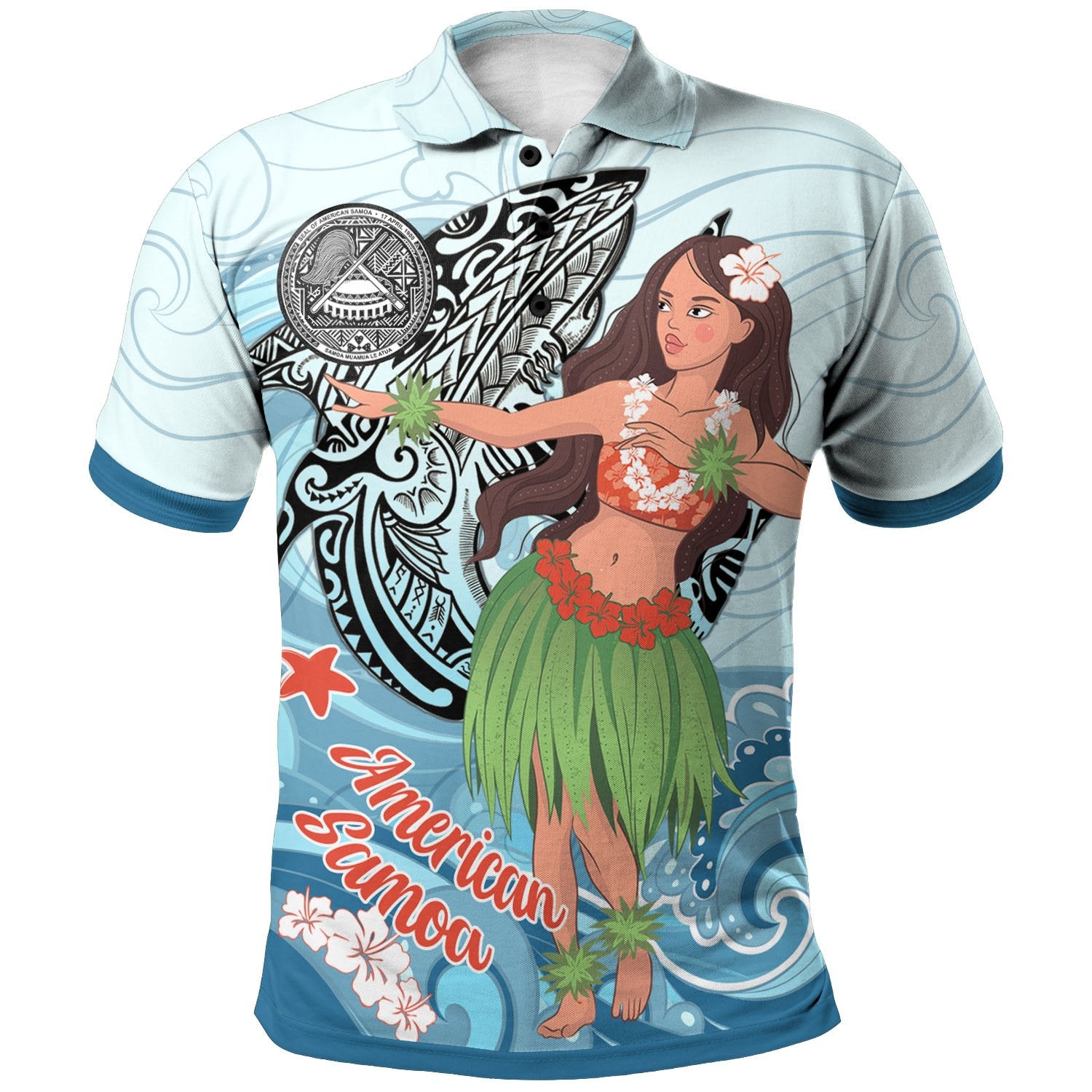 American Samoa Polo Shirt Polynesian Girls With Shark Unisex Blue - Polynesian Pride