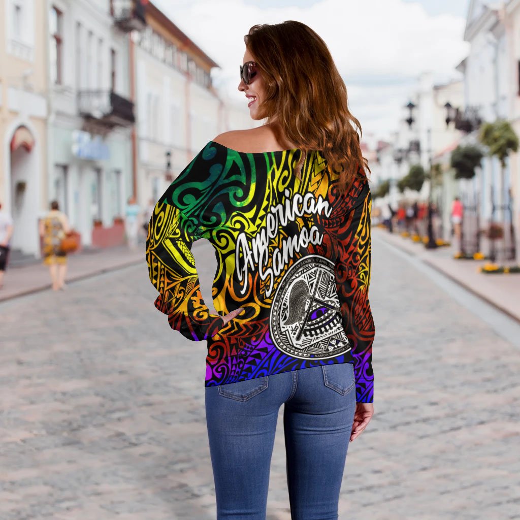 American Samoa Custom Personalised Women's Off Shoulder Sweater - Rainbow Polynesian Pattern - Polynesian Pride