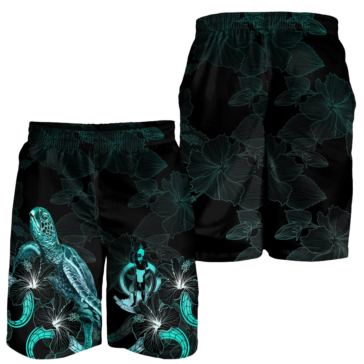 Vanuatu Polynesian Men's Shorts - Turtle With Blooming Hibiscus Turquoise - Polynesian Pride
