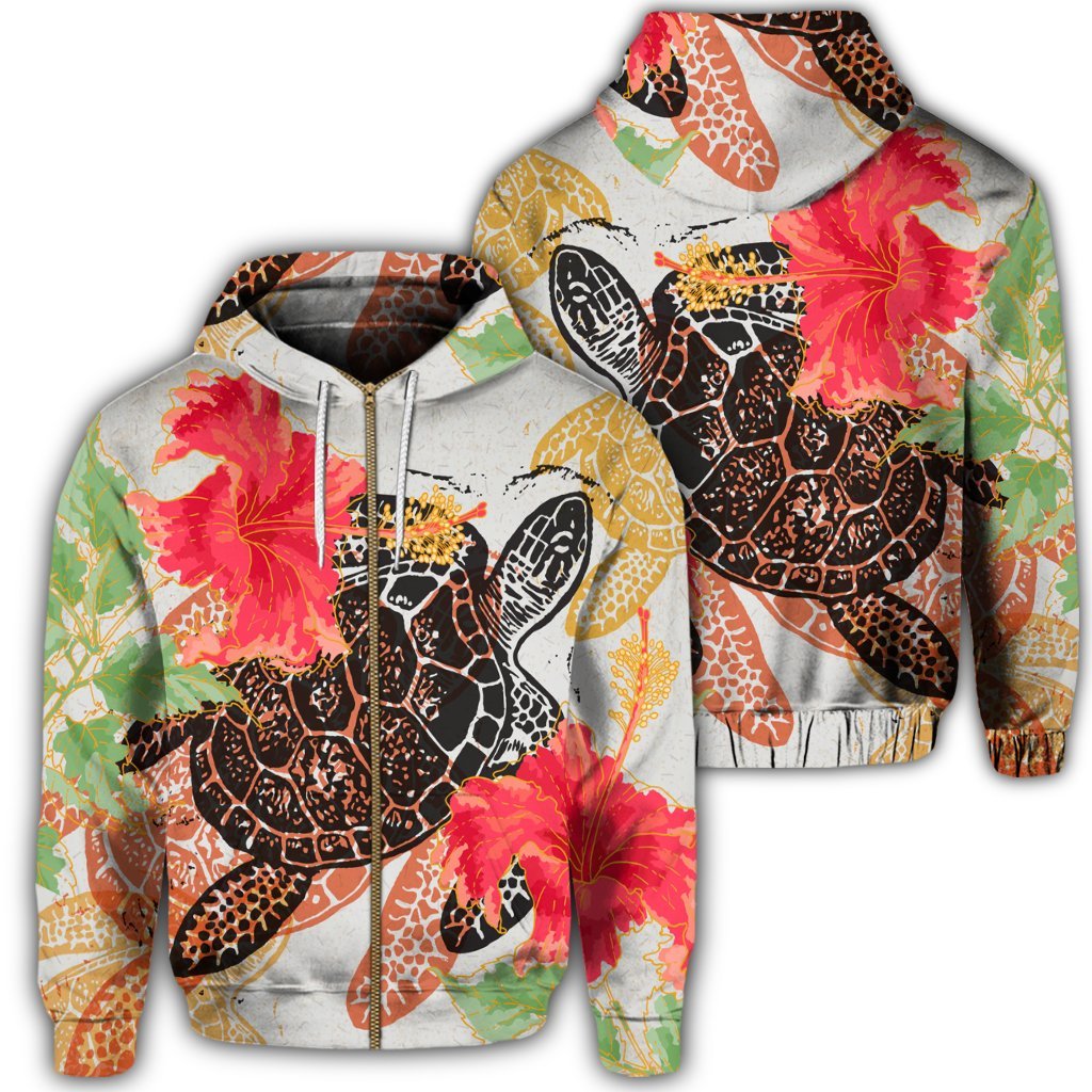 Hawaiian Hawaii Turtle Art Hibiscus Zip Hoodie Unisex Art - Polynesian Pride