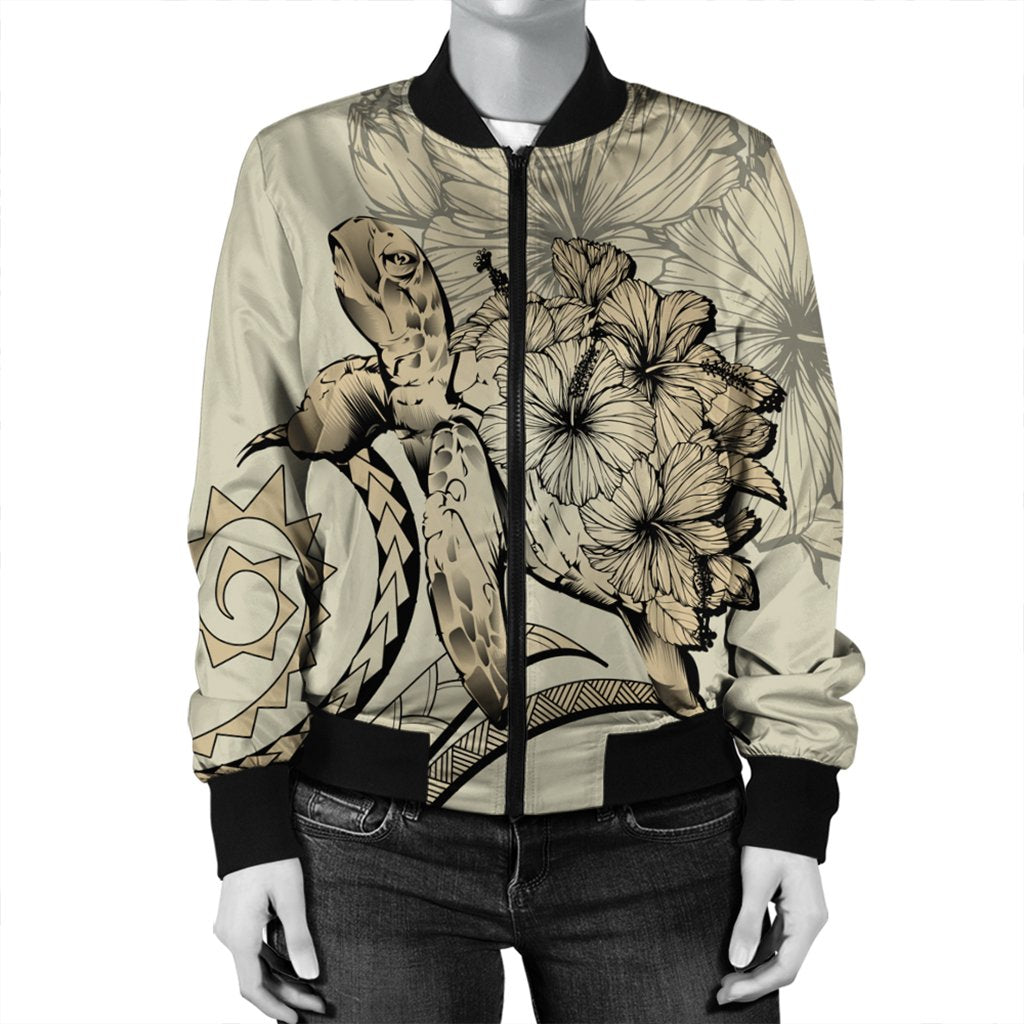 Hawaiian - Hawaii Turtle Hibiscus Polynesian Vintage Bomber Jacket - Beige - AH - Polynesian Pride
