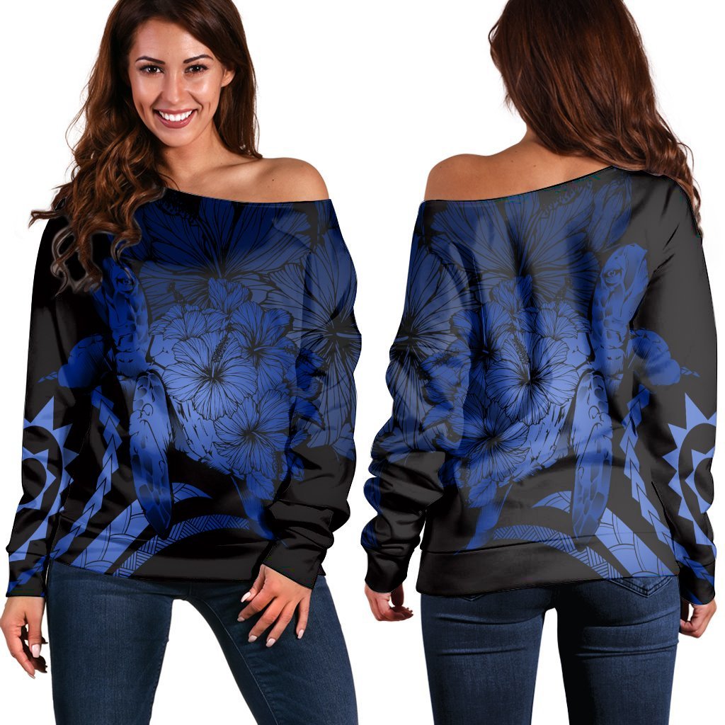 Hawaiian - Hawaii Turtle Hibiscus Polynesian Vintage Women's Off Shoulder Sweater - Blue - AH Black - Polynesian Pride