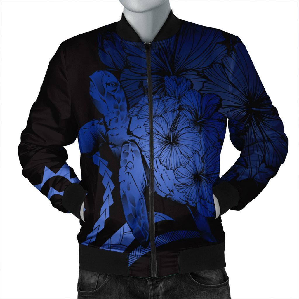 Hawaiian - Hawaii Turtle Hibiscus Polynesian Vintage Bomber Jacket - Blue - AH Black Unisex - Polynesian Pride