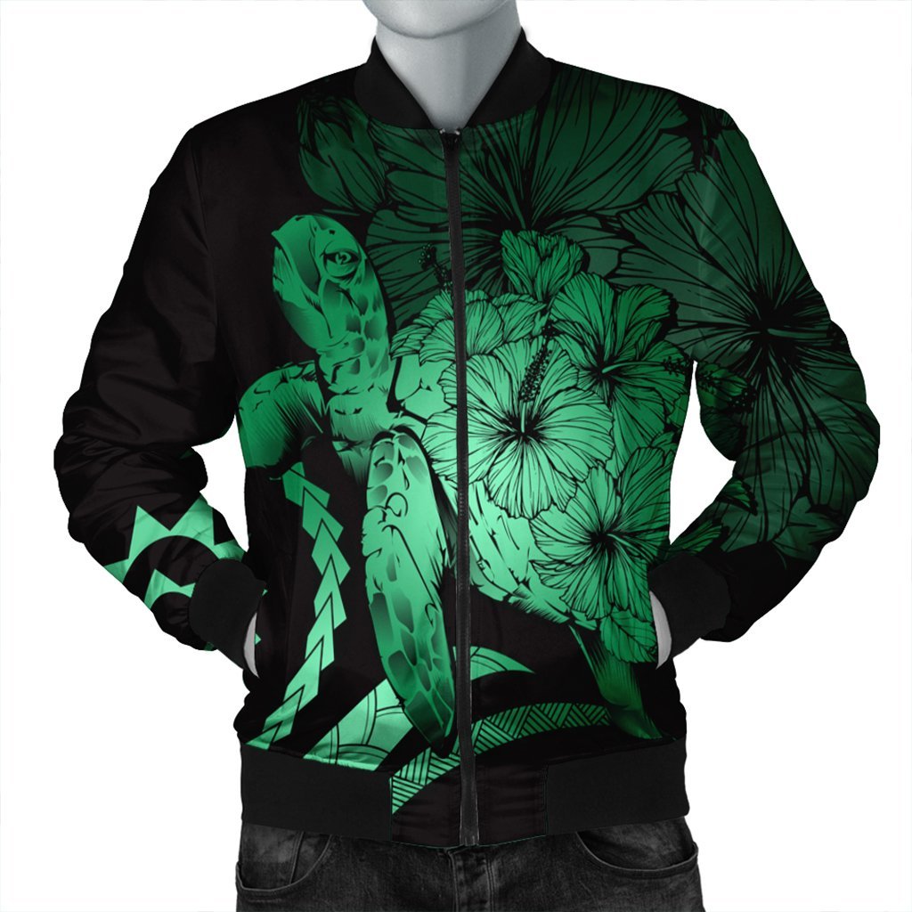 Hawaiian - Hawaii Turtle Hibiscus Polynesian Vintage Bomber Jacket - Green - AH Black Unisex - Polynesian Pride