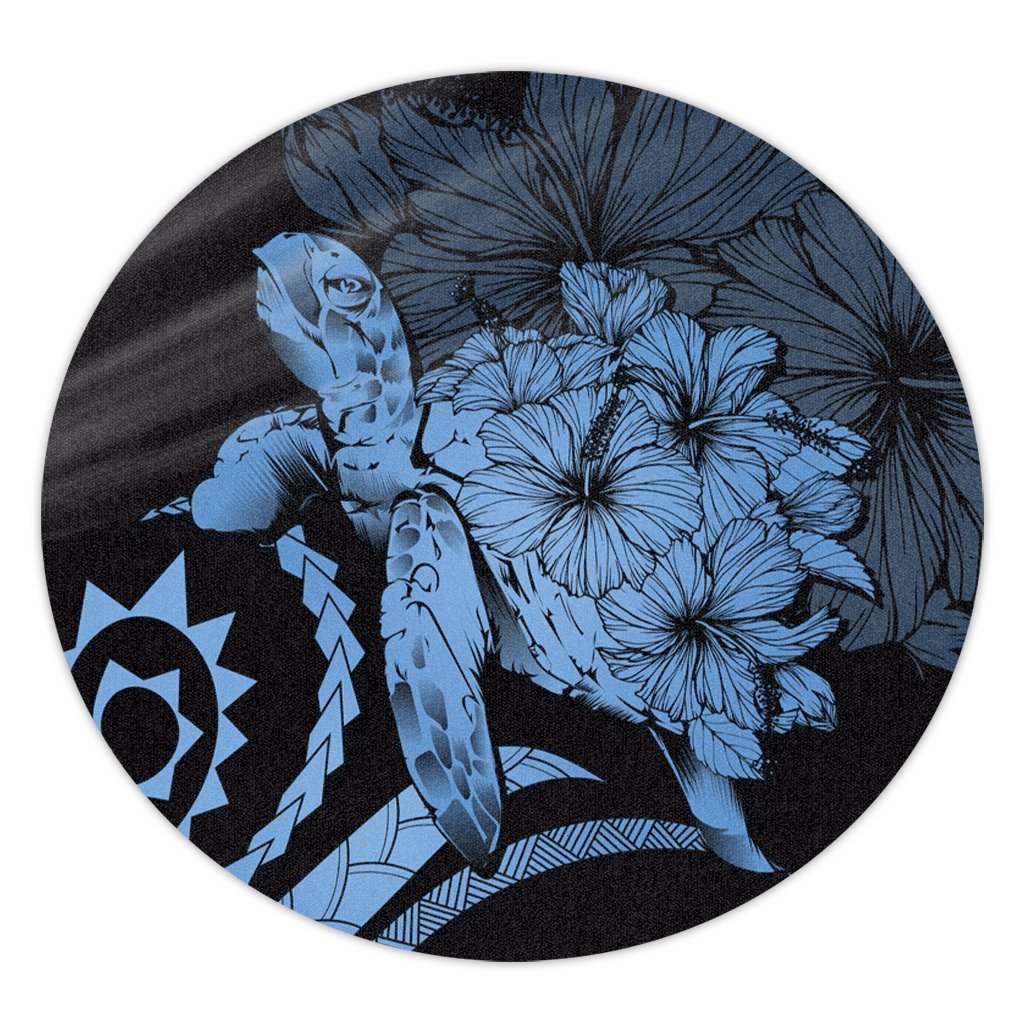 Hawaiian - Hawaii Turtle Hibiscus Polynesian Vintage Round Carpet - Pastel Blue - AH Round Carpet Luxurious Plush - Polynesian Pride