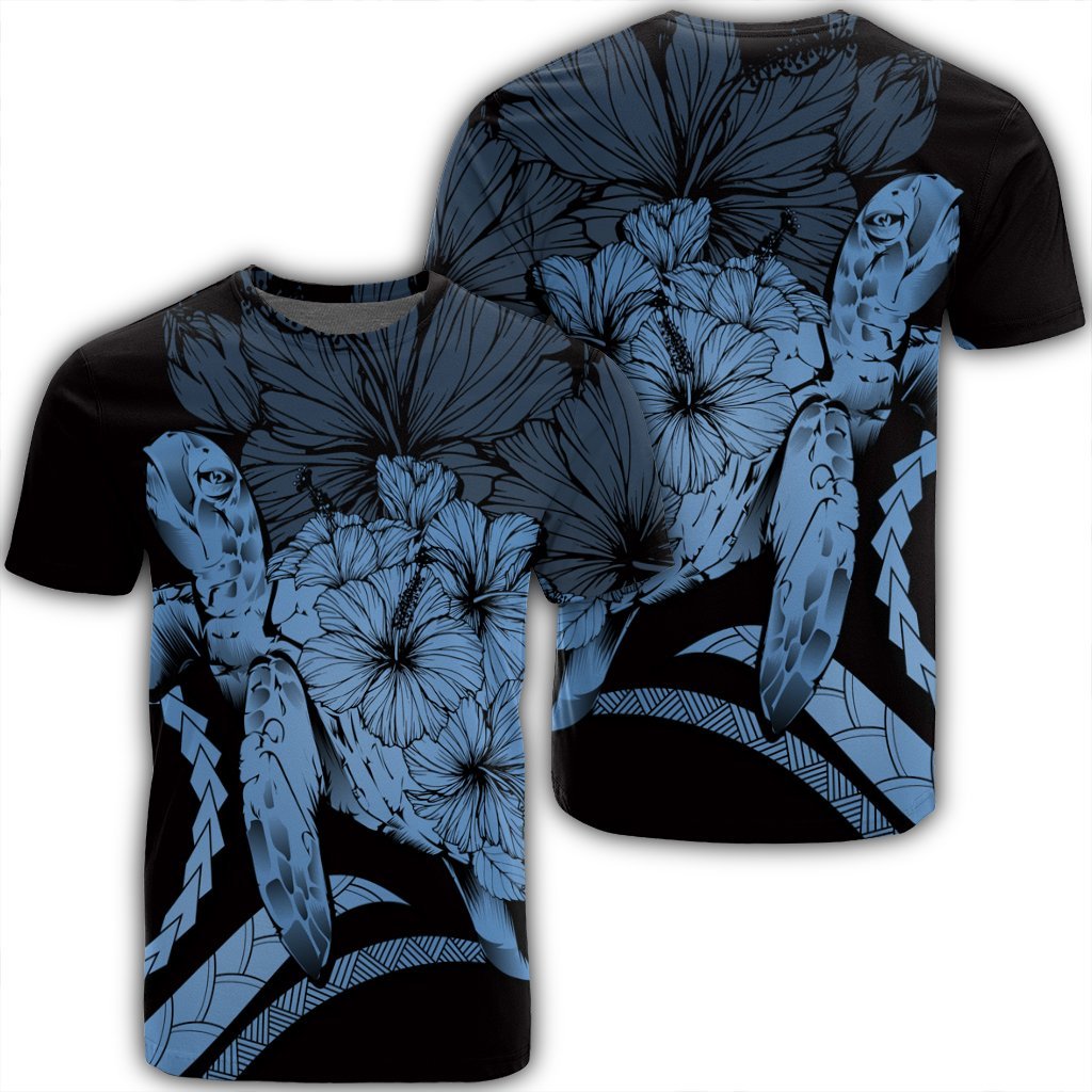 Hawaiian Hawaii Turtle Hibiscus Polynesian Vintage T Shirt Pastel Blue Unisex Black - Polynesian Pride