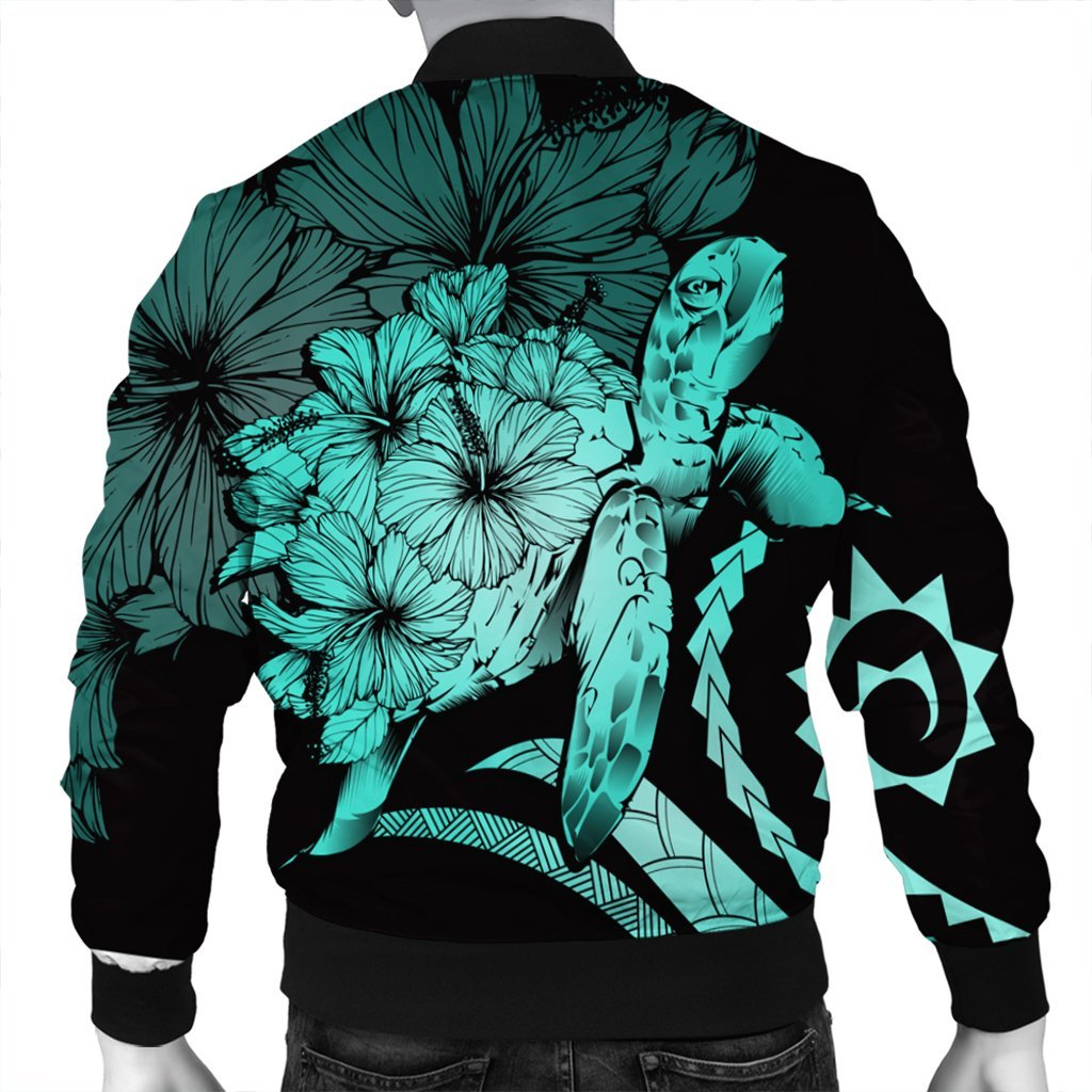 Hawaiian - Hawaii Turtle Hibiscus Polynesian Vintage Bomber Jacket - Turquoise - AH - Polynesian Pride