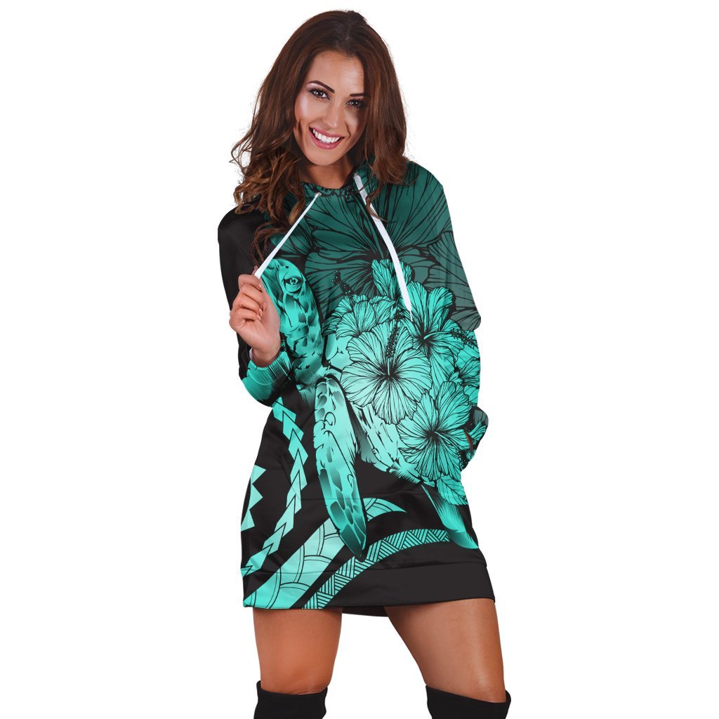 Hawaiian - Hawaii Turtle Hibiscus Polynesian Vintage Hoodie Dress - Turquoise - AH - Polynesian Pride