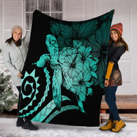 Hawaii Blanket - Hawaii Turtle Hibiscus Polynesian Vintage Premium Blankets - Turquoise - AH - Polynesian Pride