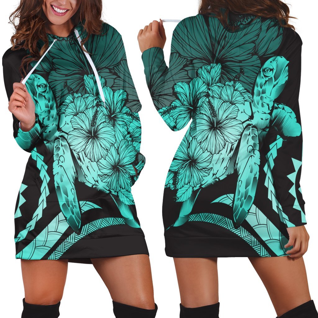 Hawaiian - Hawaii Turtle Hibiscus Polynesian Vintage Hoodie Dress - Turquoise - AH Black - Polynesian Pride