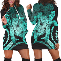 Hawaiian - Hawaii Turtle Hibiscus Polynesian Vintage Hoodie Dress - Turquoise - AH Black - Polynesian Pride