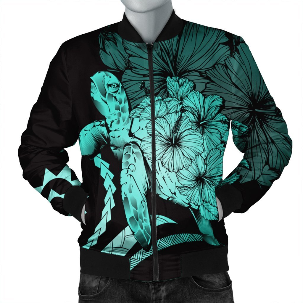 Hawaiian - Hawaii Turtle Hibiscus Polynesian Vintage Bomber Jacket - Turquoise - AH Black Unisex - Polynesian Pride