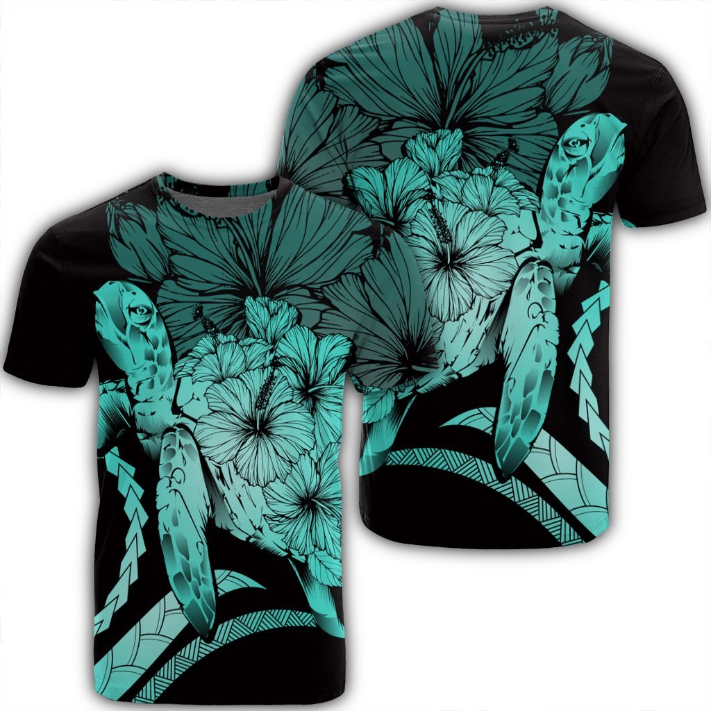 Hawaiian Hawaii Turtle Hibiscus Polynesian Vintage T Shirt Turquoise Unisex Black - Polynesian Pride