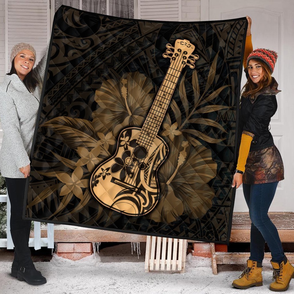 Hawaiian - Hawaii Ukulele Flower Premium Quilts - Gold - AH - Polynesian Pride