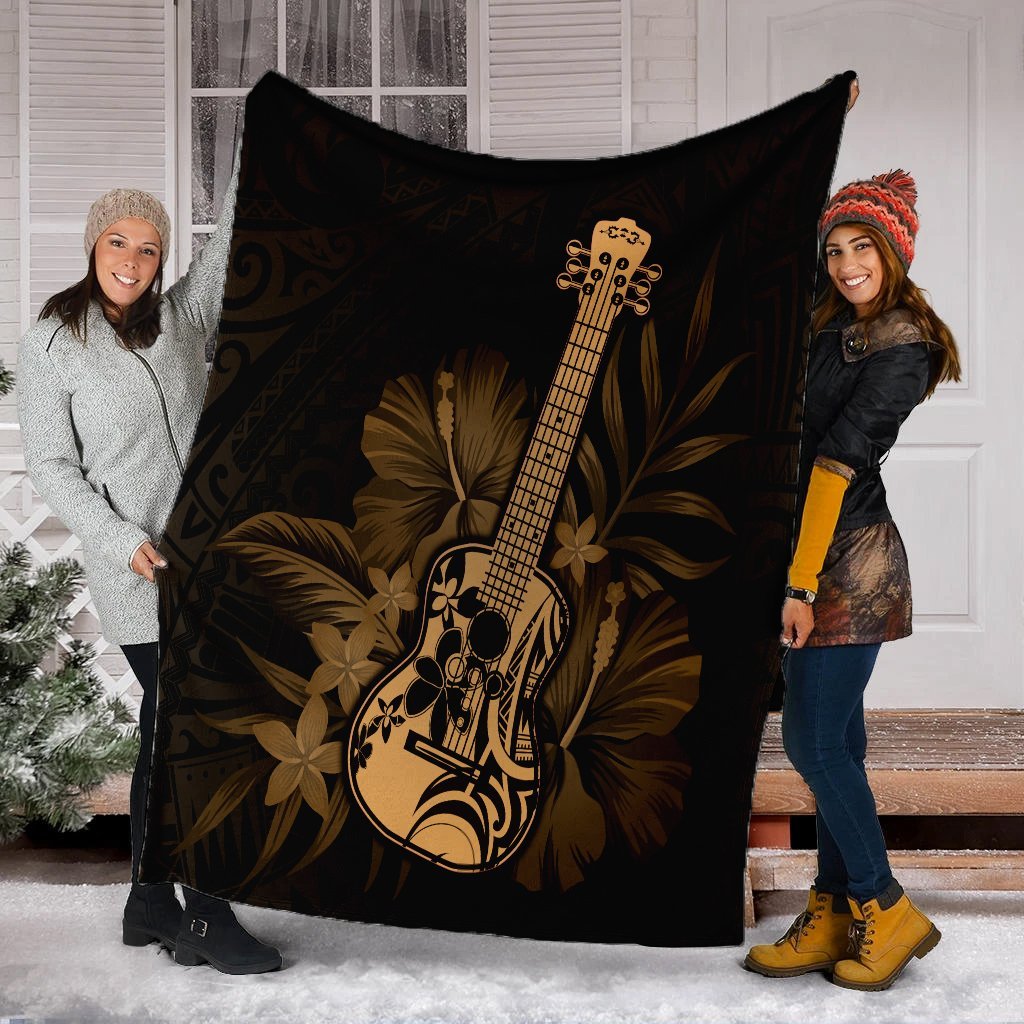 Hawaii Blanket - Hawaii Ukulele Flower Premium Blankets - Gold - AH - Polynesian Pride