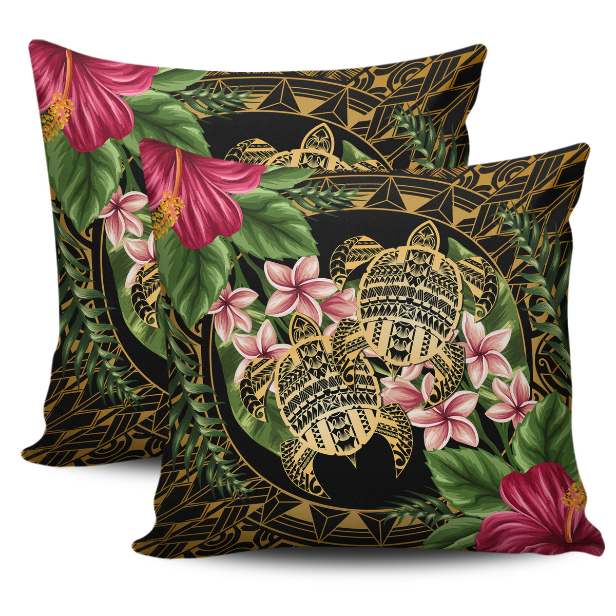hawaiiPillow Case - Turtle Strong Pattern Hibiscus Plumeria Art AH One Style Zippered Pillow Cases 18"x 18" (Twin Sides) (Set of 2) Black - Polynesian Pride
