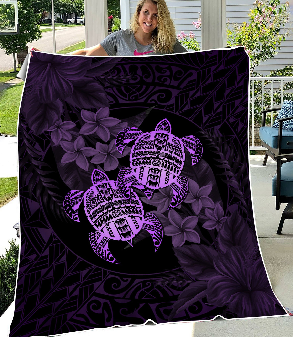 Hawaii Premium Blanket - Turtle Strong Pattern Hibiscus Plumeria Violet AH - Polynesian Pride
