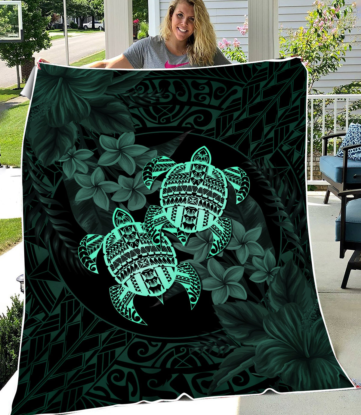 Hawaii Premium Blanket - Turtle Strong Pattern Hibiscus Plumeria Turquoise AH - Polynesian Pride
