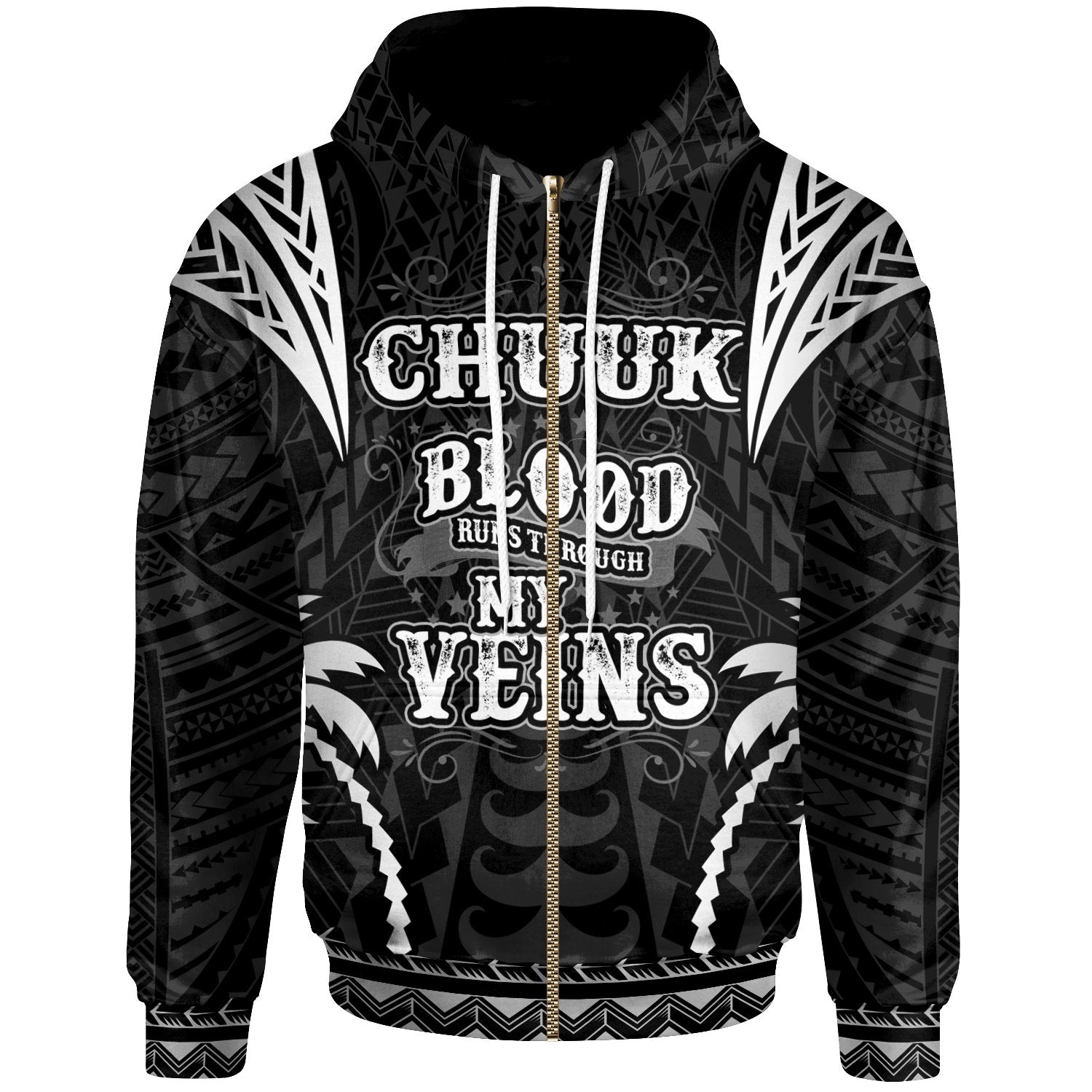 Chuuk Zip up Hoodie Blood Runs Through My Veins Style Black Unisex Black - Polynesian Pride