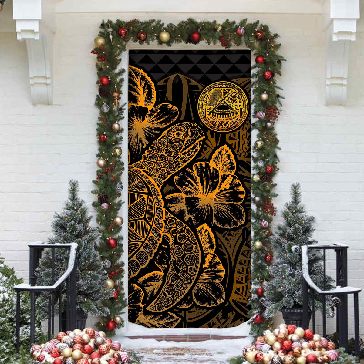 American Samoa Door Cover Turtle Hibiscus Gold - Polynesian Pride