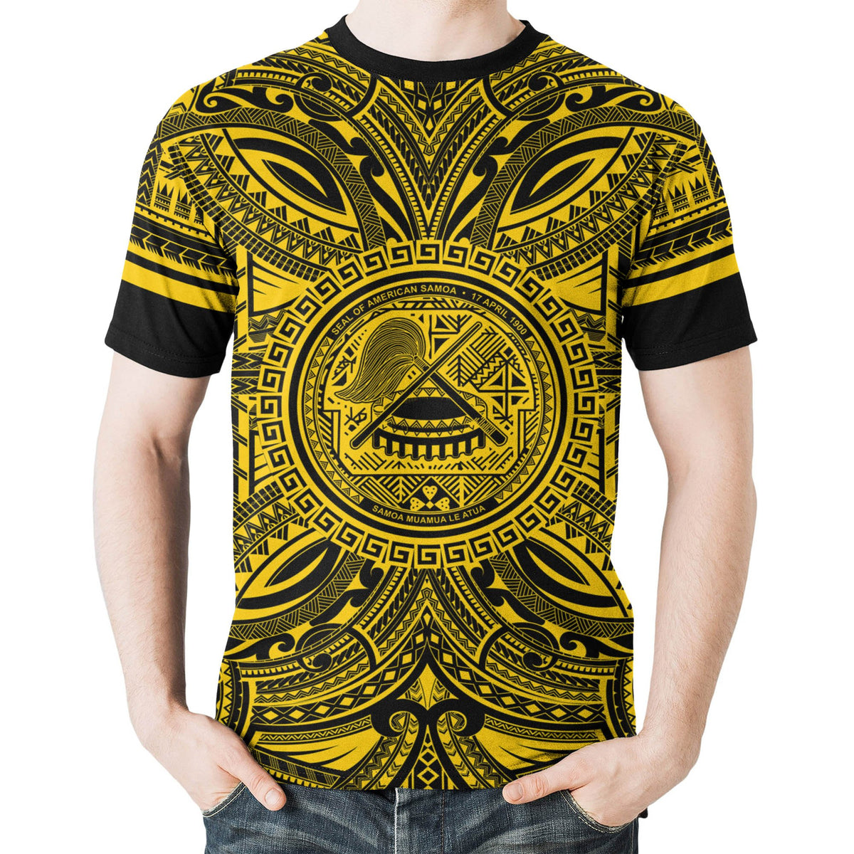 American Samoa T Shirt American Samoan Coat of Arms Polynesian Gold Black - Polynesian Pride