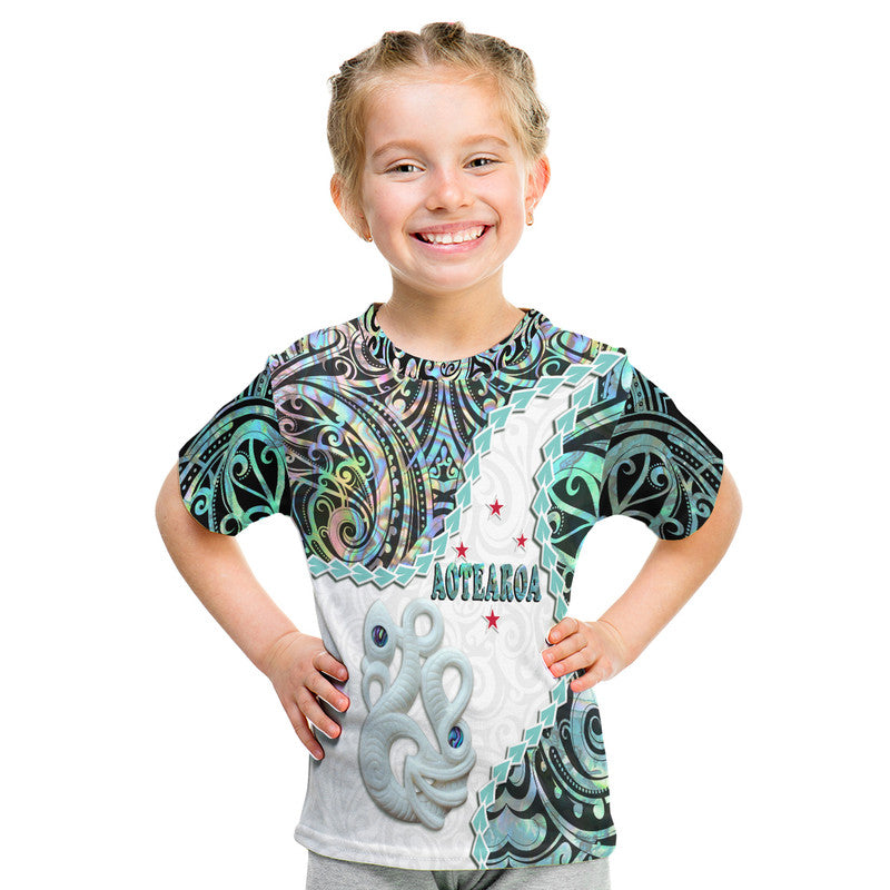 New Zealand Maori T Shirt Aotearoa Manaia Basic Paua Shell Heare Ra LT9 Kid White - Polynesian Pride