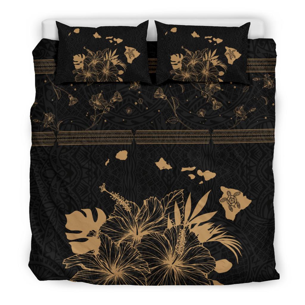 Hawaiian Map Hibiscus Turtle Polynesian Black And Gold Bedding Set - Polynesian Pride