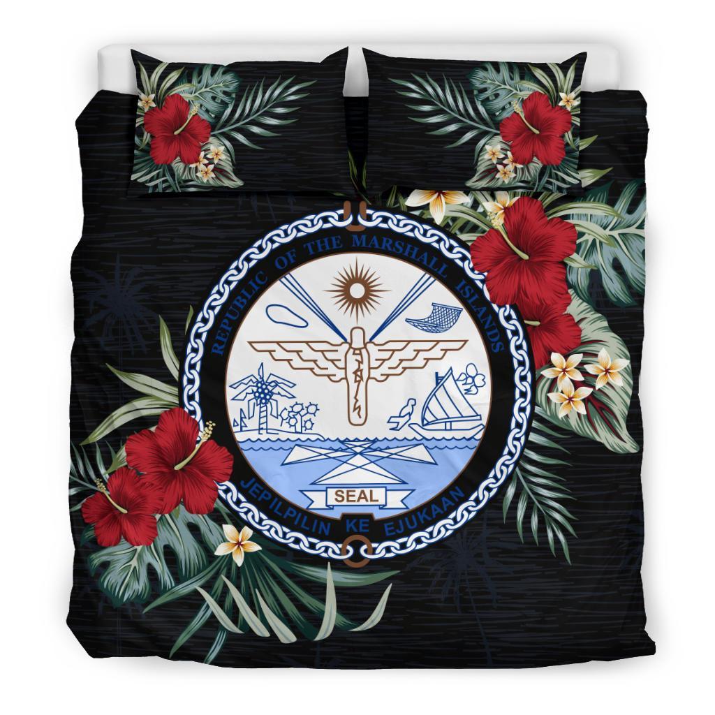 Marshall Islands Duvet Cover Set - Marshall Coat Of Arms Hibiscus Black - Polynesian Pride
