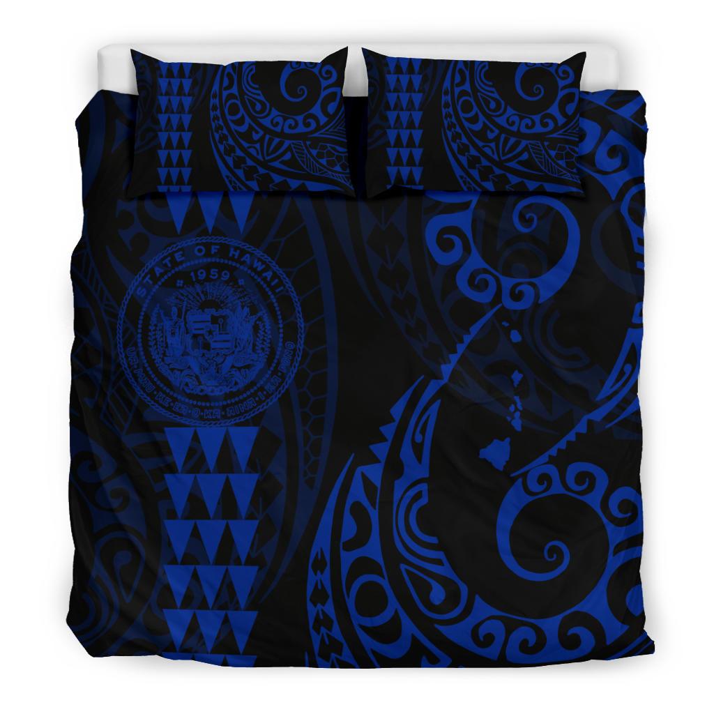 Hawaiian Map Coat Of Arms Flag Polynesian Bedding Set Blue - Polynesian Pride