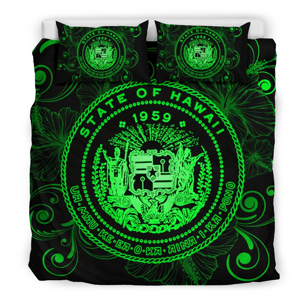 Hawaiian Hibiscus Flag Coat Of Arms Polynesian Bedding Set Green - Royal Style - Polynesian Pride