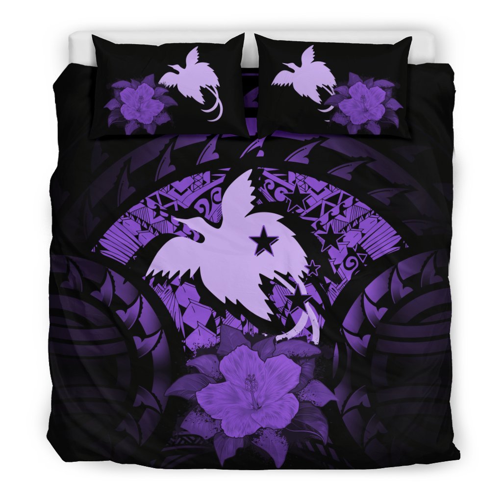 Papua New Guinea Purple Duvet Cover Set - Flag & Purple Hibiscus Purple - Polynesian Pride