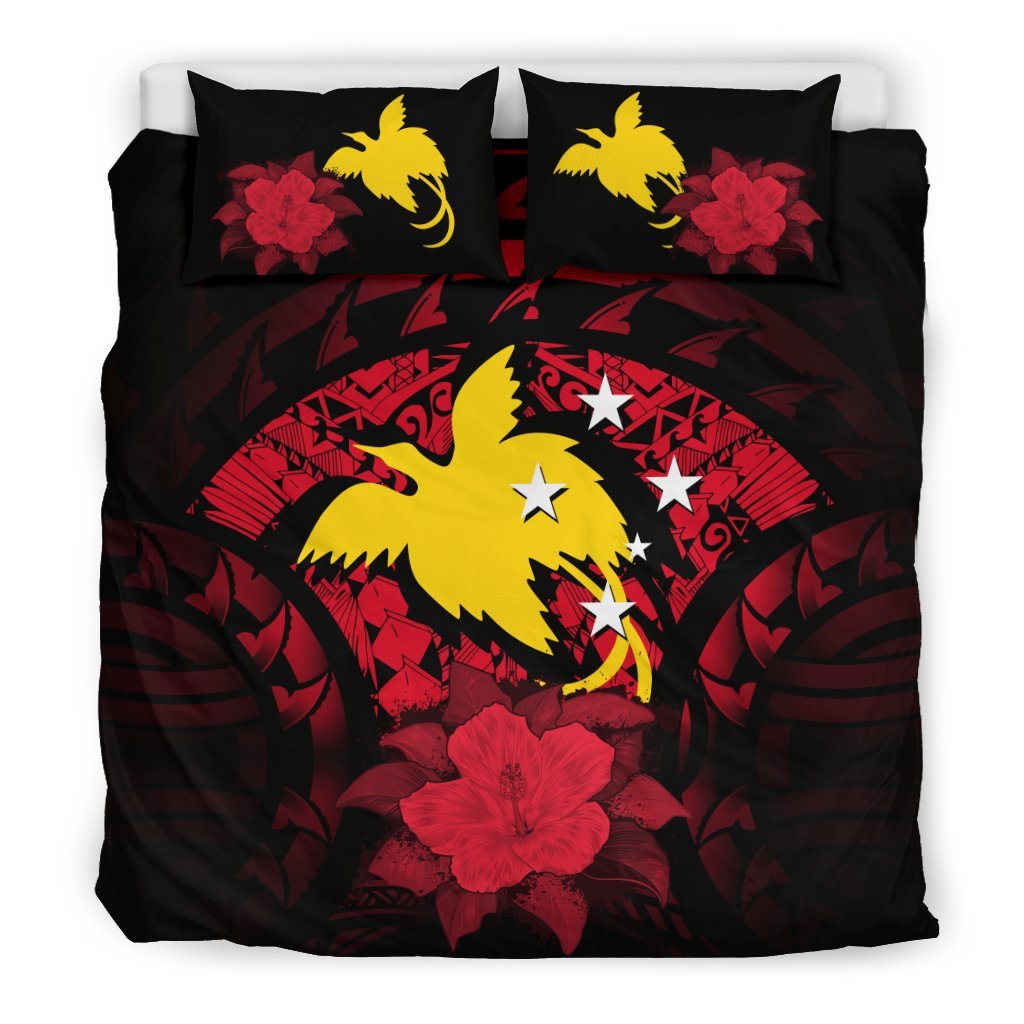 Papua New Guinea Duvet Cover Set - Papua New Guinea Flag & Red Hibiscus Red - Polynesian Pride