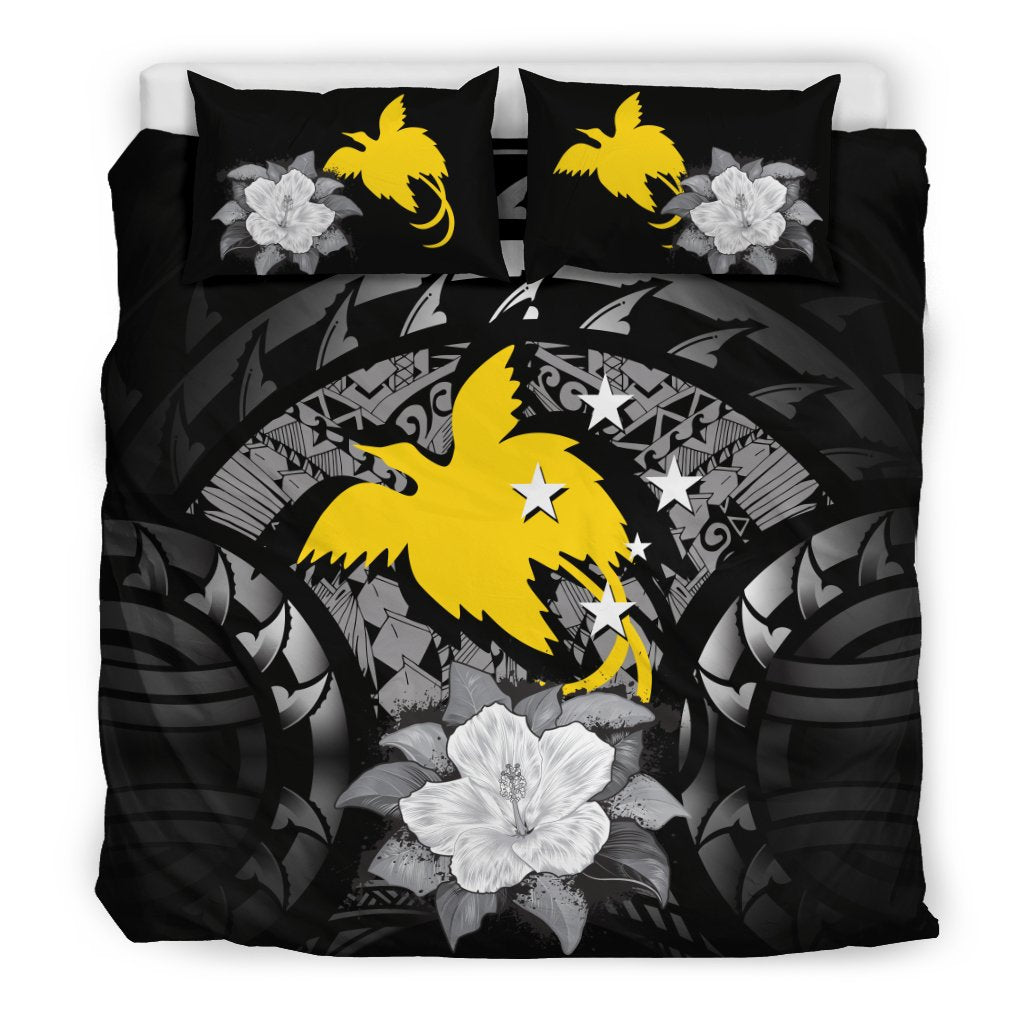 Papua New Guinea Duvet Cover Set - Papua New Guinea Flag Gray Hibiscus Gray - Polynesian Pride