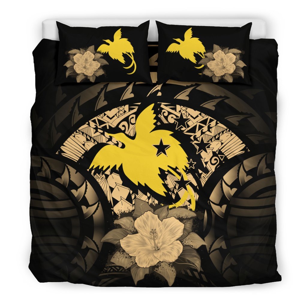 Papua New Guinea Duvet Cover Set - Papua New Guinea Flag Gold Hibiscus Gold - Polynesian Pride