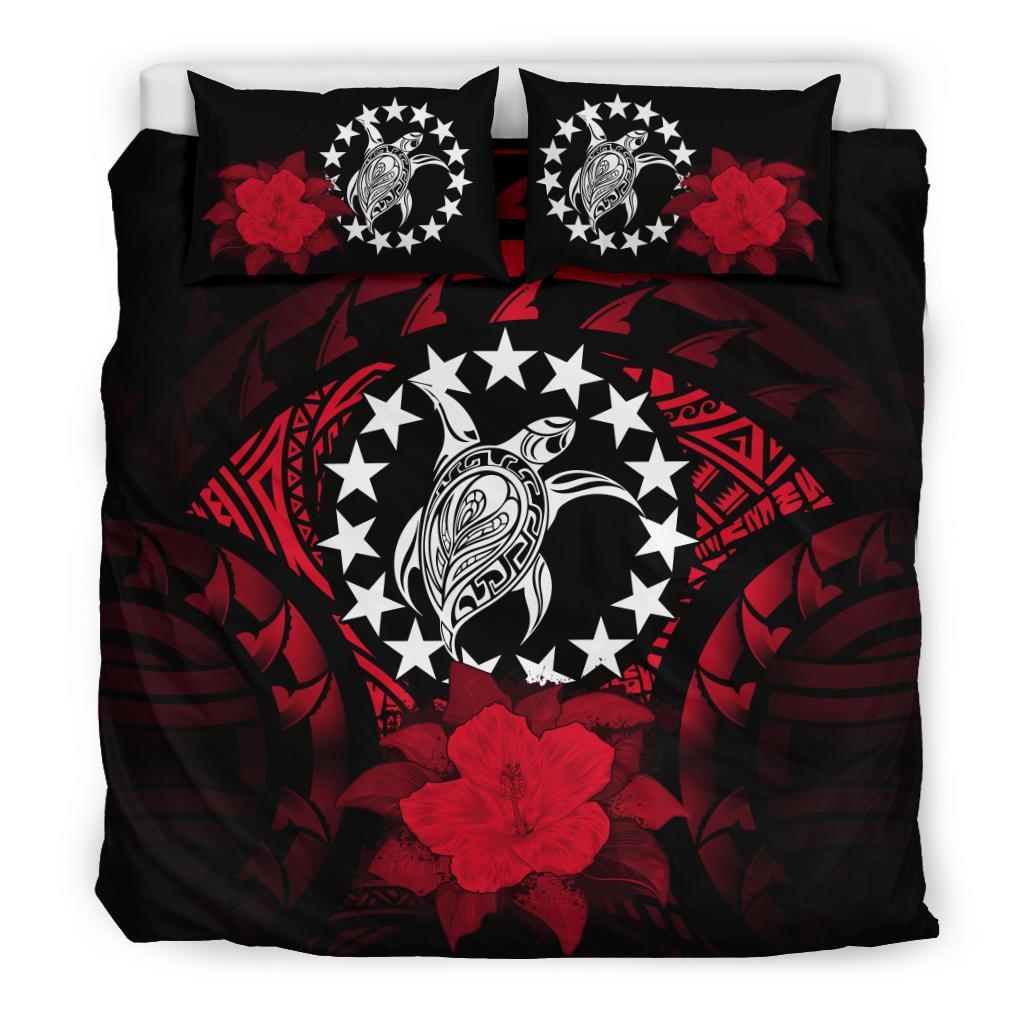 Cook Islands Duvet Cover Set - Cook Island Flag Turtle & Red Hibiscus Red - Polynesian Pride