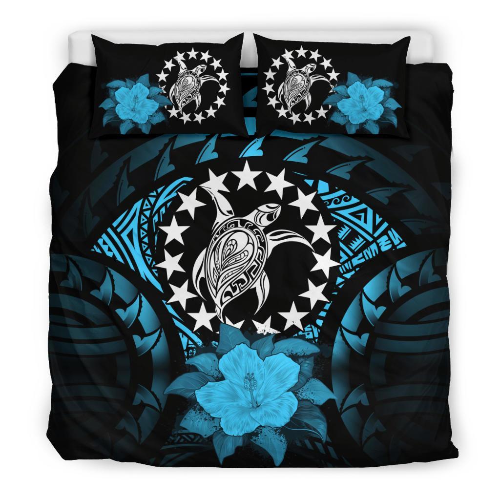 Cook Islands Duvet Cover Set - Cook Island Flag Turtle & Turquoise Hibiscus Art - Polynesian Pride