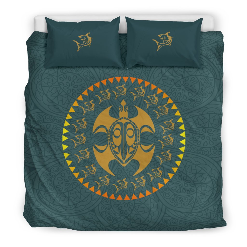 Hawaiian Shark Turtle Trible Mask Polynesian Bedding Set Gold - Polynesian Pride