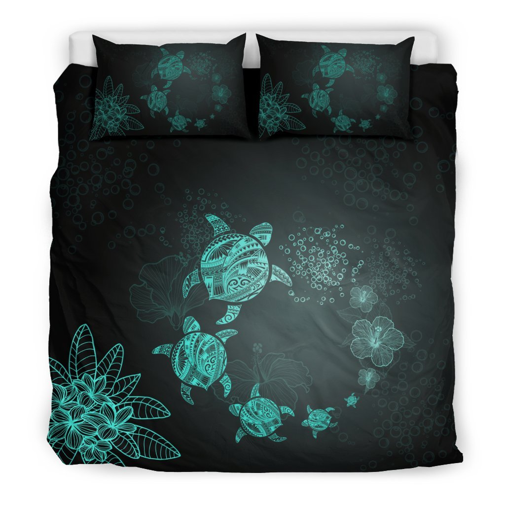 Hawaiian Turtle Plumeria Hibiscus Deep Sea Polynesian Bedding Set - Polynesian Pride