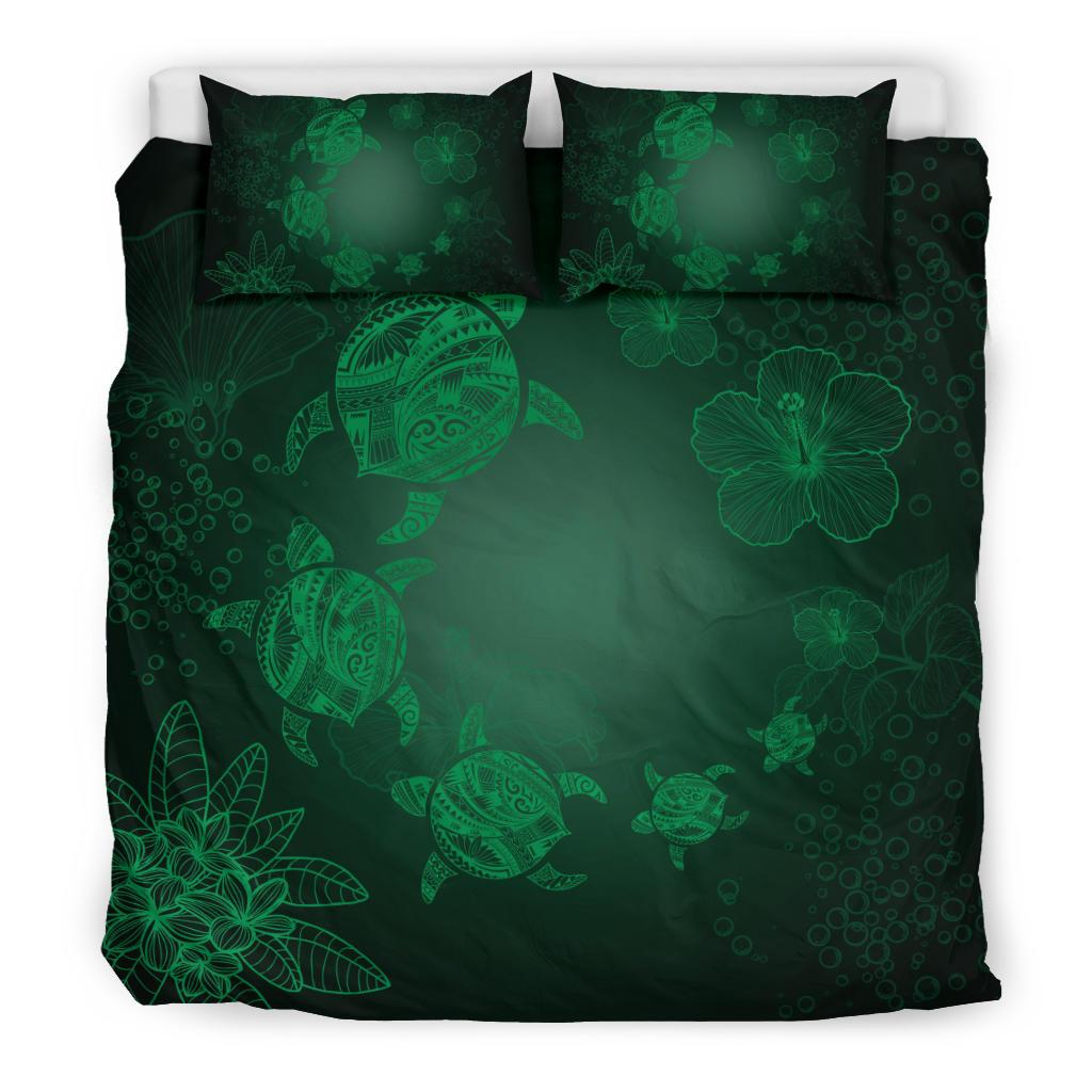 Hawaiian Plumeria Hibiscus Turtle Under The Sea Polynesian Bedding Set Green - Polynesian Pride