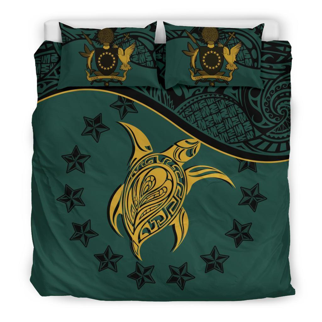 Cook Island Duvet Cover Set - Cook Island Flag & Turtle Tattoo Dark Green Green - Polynesian Pride
