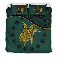 Cook Island Duvet Cover Set - Cook Island Flag & Turtle Tattoo Dark Green Green - Polynesian Pride